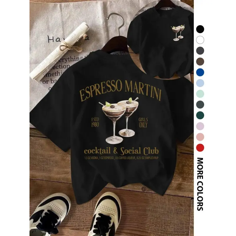 Vintage Espresso Martini Cocktail Social Club Graphic T-Shirt, Retro "Girls Only" Print Oversized Crew Neck Tee, Women's Short Sleeve Streetwear Cotton Top, Trendy Bachelorette Aesthetic Shirt for Cocktail Lovers, Party Girls and Bar Enthusiasts