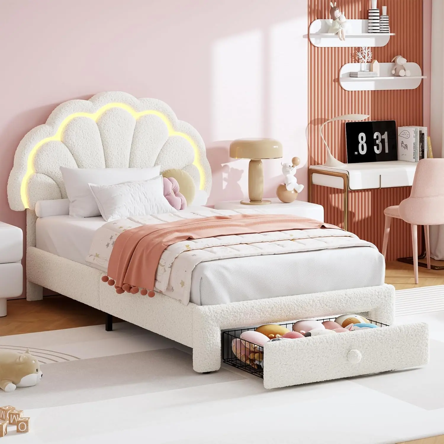 Princess Platform Bed Frame with LED Headboard Smart App Control Upholstered Pink Bed Frame with Storage Drawer Soft Berber Fleece Twin Full Size Kids Bed Frame for Girls Heavy Duty No Box Spring Needed Noise Free,dorm essentials,home decor