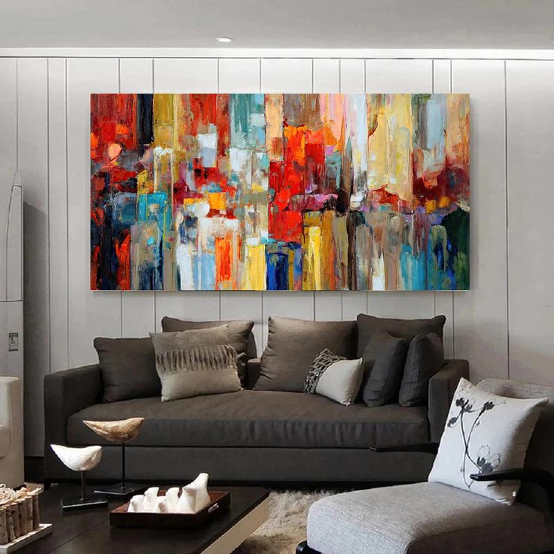 Abstract Colorful City Pattern Unframed Painting, Modern Canvas Wall Art, Wall Decor for Home Living Room Bedroom Office, Ornaments