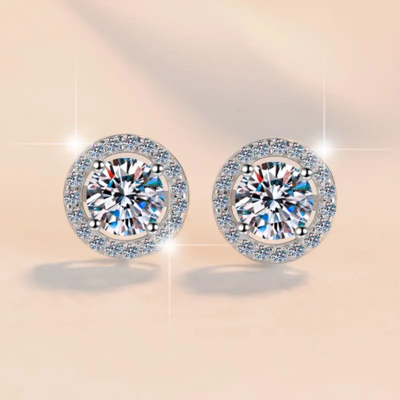 Women's S925 Sterling Silver Electroplated Gold Round-Setting VVS Grade Moissanite Stud Earrings - Unisex Classic Hip-Hop Style, Electroplated Finish, Adult Casual Everyday Wear Artificial Gemstone Jewelry, Choking Hazard Small Parts Note