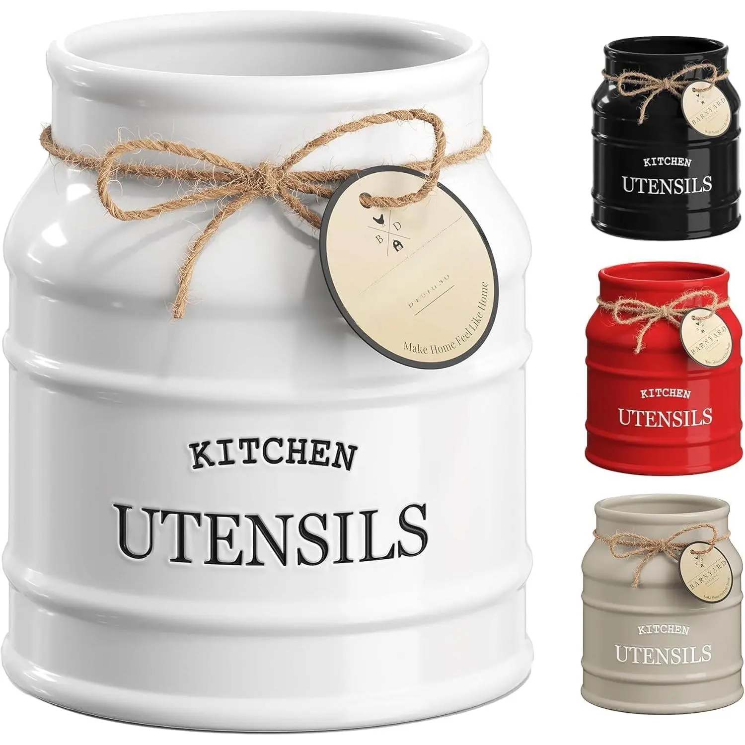 Ceramic Kitchen Utensil Holder Countertop (6"x6.75" White, Waterproof, Stylish, Sturdy, Chip-Resistant) - Large Rustic Counter Organizer for Cooking Tools, Spatulas, Gadgets & Decor