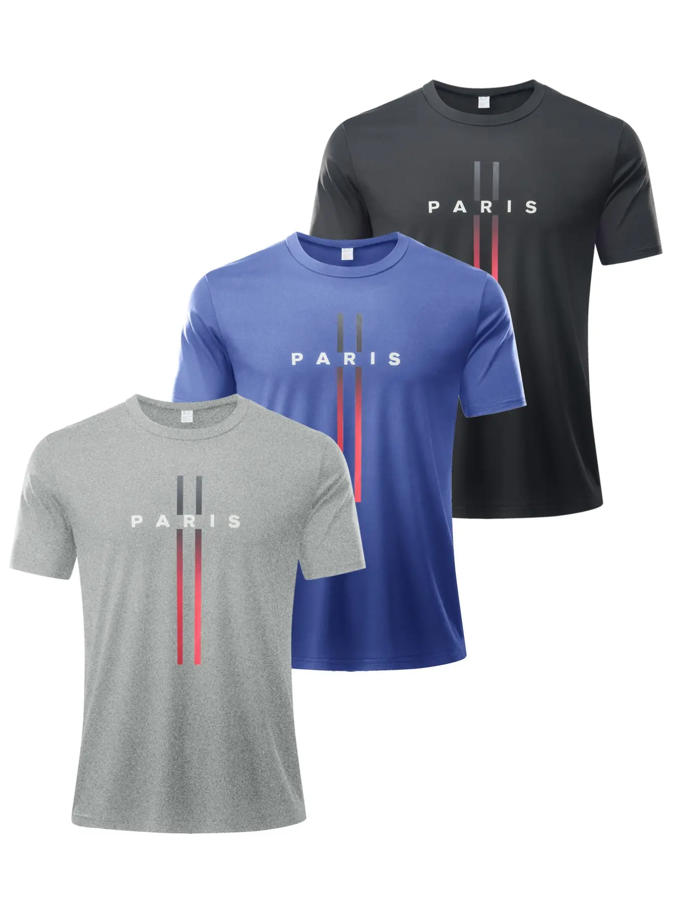 3-Pack Men's Paris Print T-Shirts, Quick-Dry Breathable Round Neck Short Sleeve, Gradient Stripe Lightweight Polyester Summer Training Tops