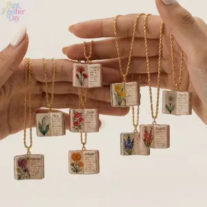 Vintage Birth Month Flower Book Necklace, Delicate Enamel Openable Pendant Necklace, 12 Months Floral Book Charm Necklace, Copper Gold Plated Dainty Necklace for Women & Girls
