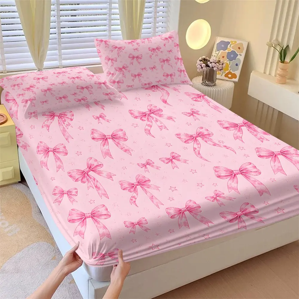 Girls' Bow Star Theme Bed Sheet Set, Watercolor Washed Ribbon Full Print Bed Skirt, Two Matching Pillowcases, Bedroom Accessories