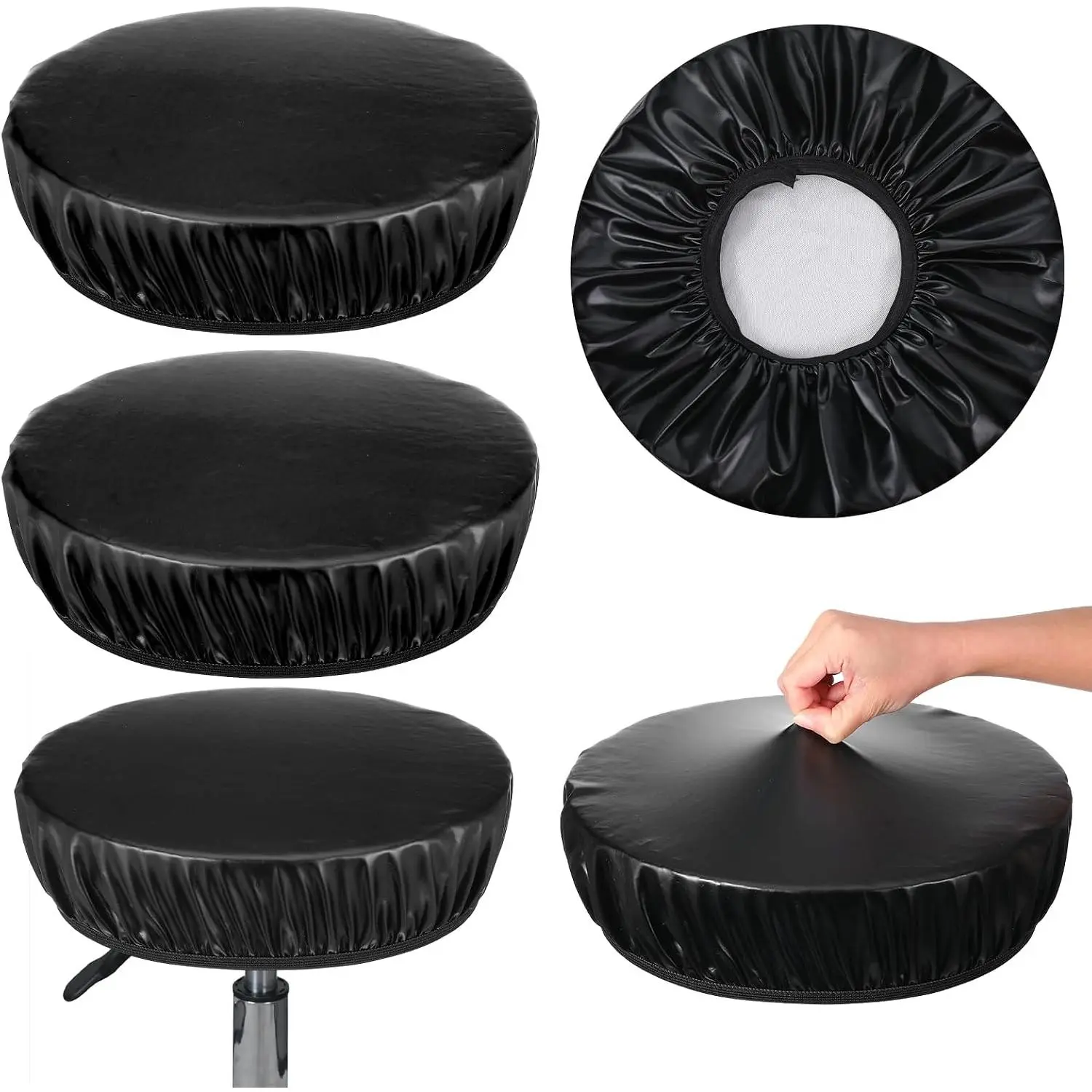2 count Round Bar Stool Seat Covers with Elastic Bands, Black Leather Round Chair Cover  Washable Seat Covers  Cushion Slipcover for 11-14 inch  Bar Hotel Market