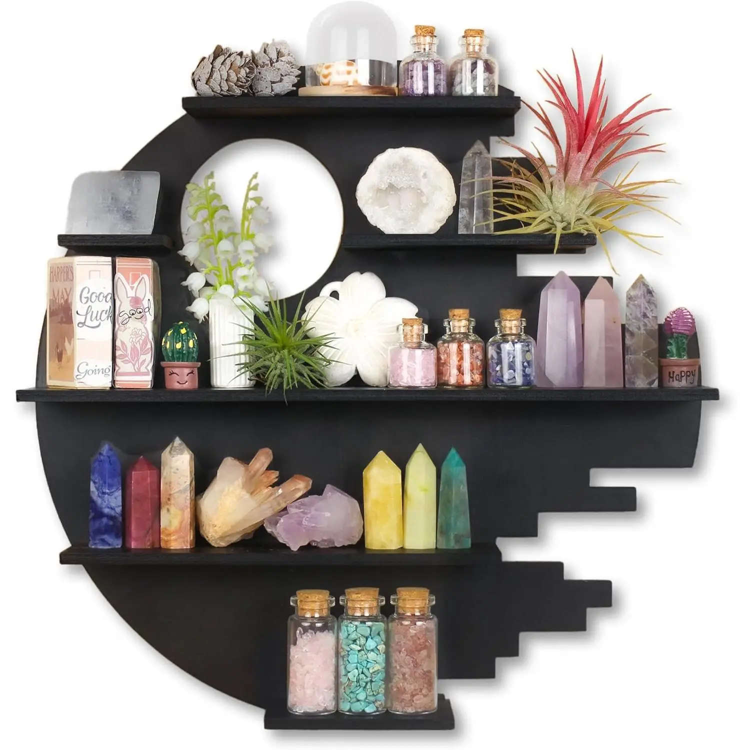 Wooden Moon Shelf with LED Lights, Crystal Wall Shelf for Rock Gem Stone Display Witchy Trinkets Holder Boho Wall Decor Floating Shelves for Nail Polish & Essential Oil