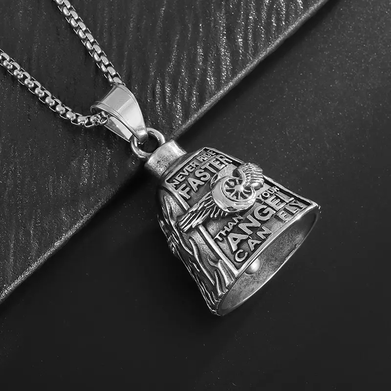 Never Ride Faster Than Your Angel Can Fly Biker Bell Pendant Necklace, Antique Winged Wheel Stainless Steel Motorcycle Guardian Bell Box Chain Jewelry | A Perfect Gift Choice