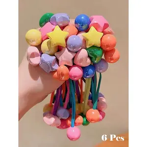 6pcs High Elasticity Hair Ties Set, Cute Star Heart Design Girly Rubber Bands for Girls & Students, Ponytail Hairstyle, Rainbow Colors, No Damage, Random Selection, Elastic Hair Accessory, Cute Hair Accessories