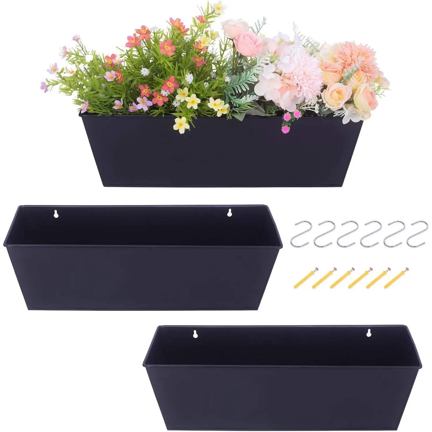Wall  Planters for Outdoor  16 Inch Large Metal Fence Pots with Hooks for Outside Garden Balcony  3 count(Black)