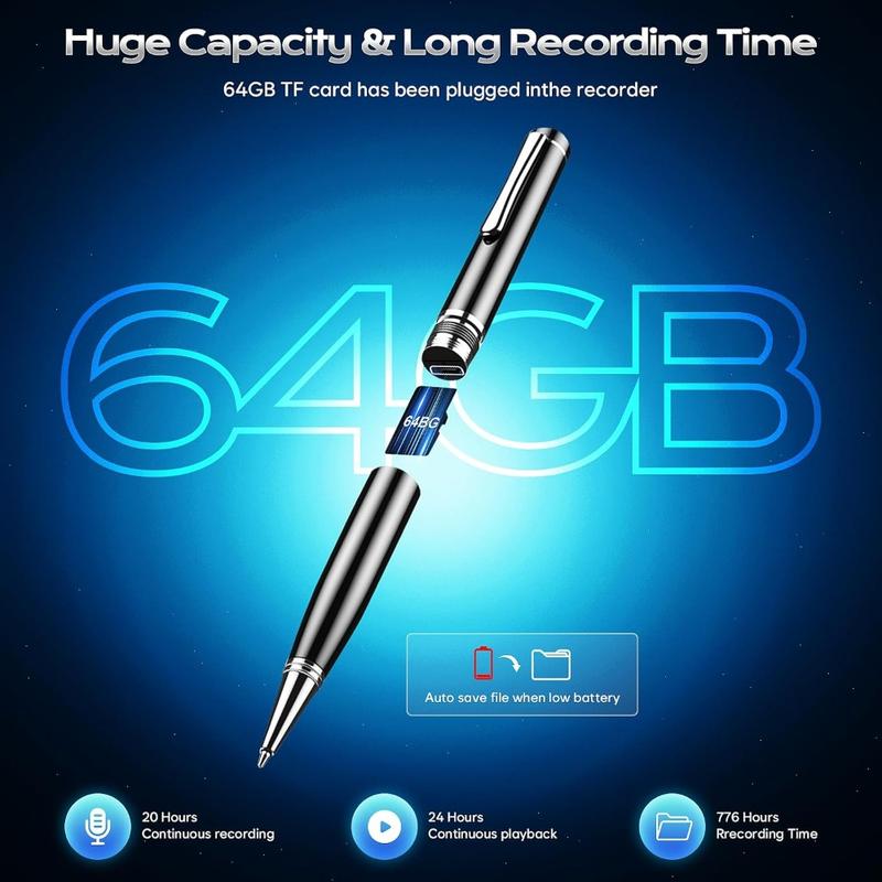64GB Digital Voice Recorder-Digital Voice Activated Recorder with AI-Intelligent Noise Reduction, Voice Activated Sound Audio Tap Recorder Device For Lectures,Meetings,Work,Interviews