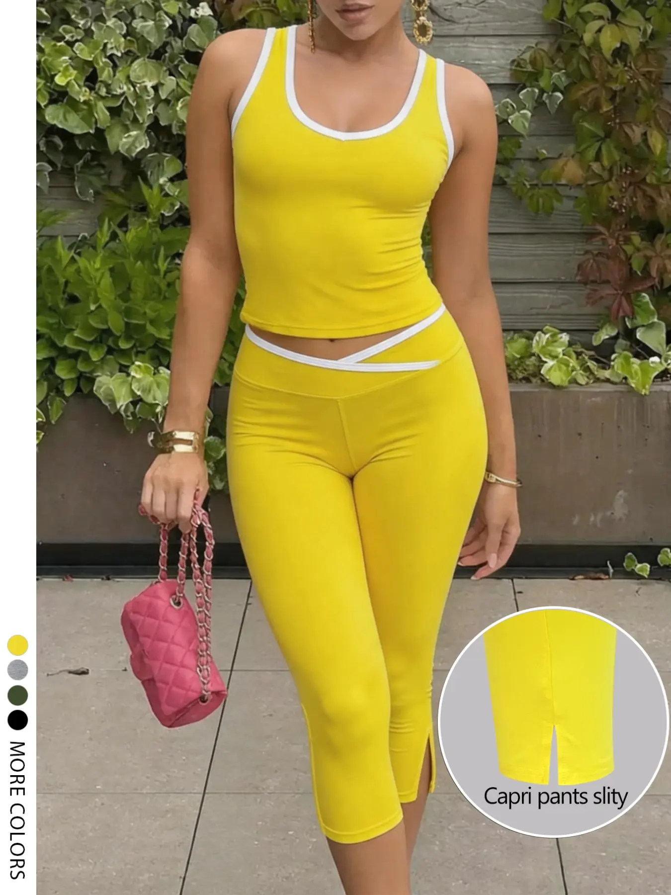 Lw Zillionaires High Waist Slim-Fit Cross-Belt Sleeveless Vest and Capri Pants Set, Perfect for Summer, Casual Outerwear, Solid Pattern, Plain Surface
