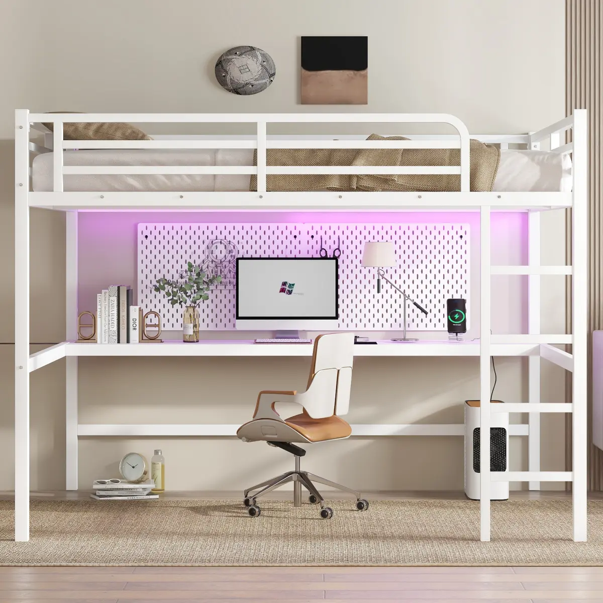 Aobtkel Solid Metal Queen Size Loft Bed with Power Outlet, LED Light, Space Saver Design, Noise-Reduced Structure, White (Fits Queen Size Mattress, Mattress Compatible)