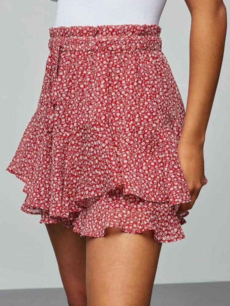 Women's Floral Print Ruffle Trim Pantskirt, Boho Hippie Skirt, Boho Fashion Casual Pantskirt for Daily Holiday Vacation Wear, Ladies Bottoms for Summer