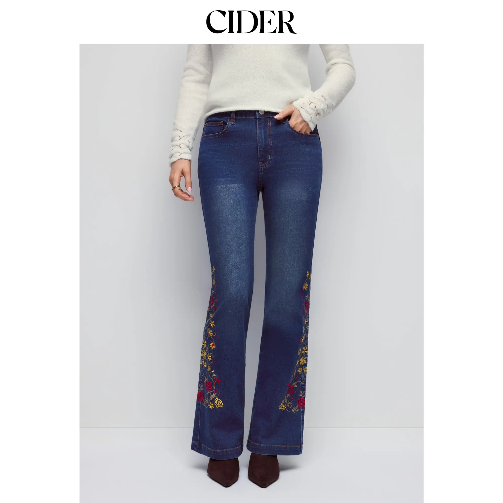 Cider Stretch Denim Mid Rise Floral Embroidery Flared Jeans