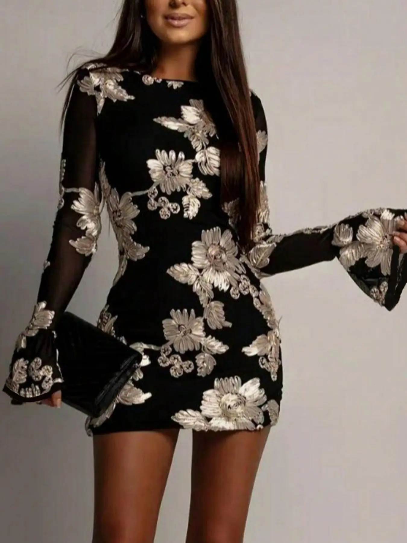 Floral Mesh Slim Fit Short Dress, Bell Sleeve Print Sheer Dress, Dress, Date Night Dress, Elegant Vacation Dress