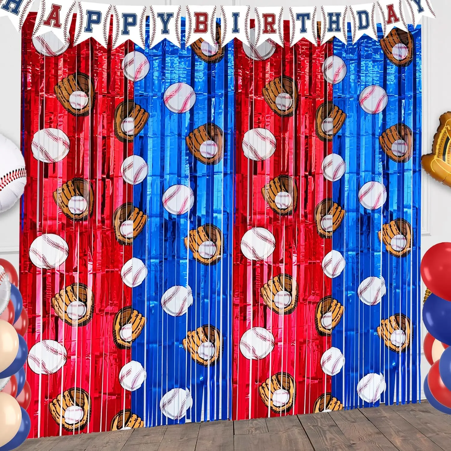 2-Pack Shiny Lightweight Glossy Metallic Baseball Tinsel Foil Fringe Curtain Backdrop, Blue-White-Red Door Streamers Banner for Boys' Themed Birthday Party Decor Supplies & Photo Backdrops