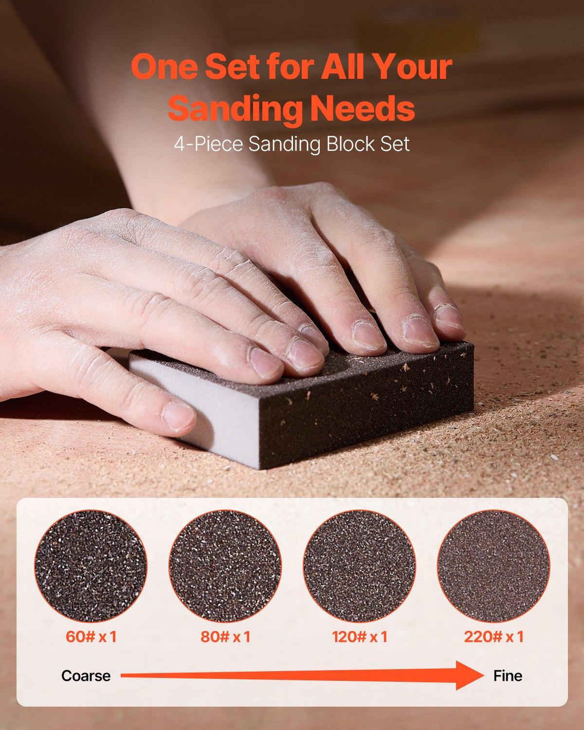 VEVOR Sanding Sponge, 4 Pcs, 60/80/120/220 Grit Assortment, Washable and Reusable Sanding Blocks for Dry & Wet Use, Coarse to Fine Sandpaper Blocks, for Polishing Drywall Wood Plastic Metal Furniture