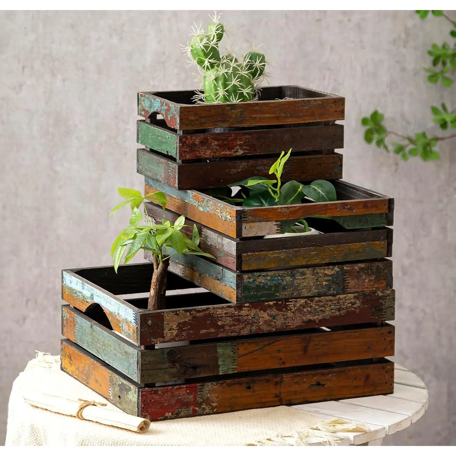 Set of 3 Rustic Distressed Wood Nesting Crates, Farmhouse Decorative Wooden Storage Boxes, Large Vintage Reclaimed Wood Baskets for Display (Random)