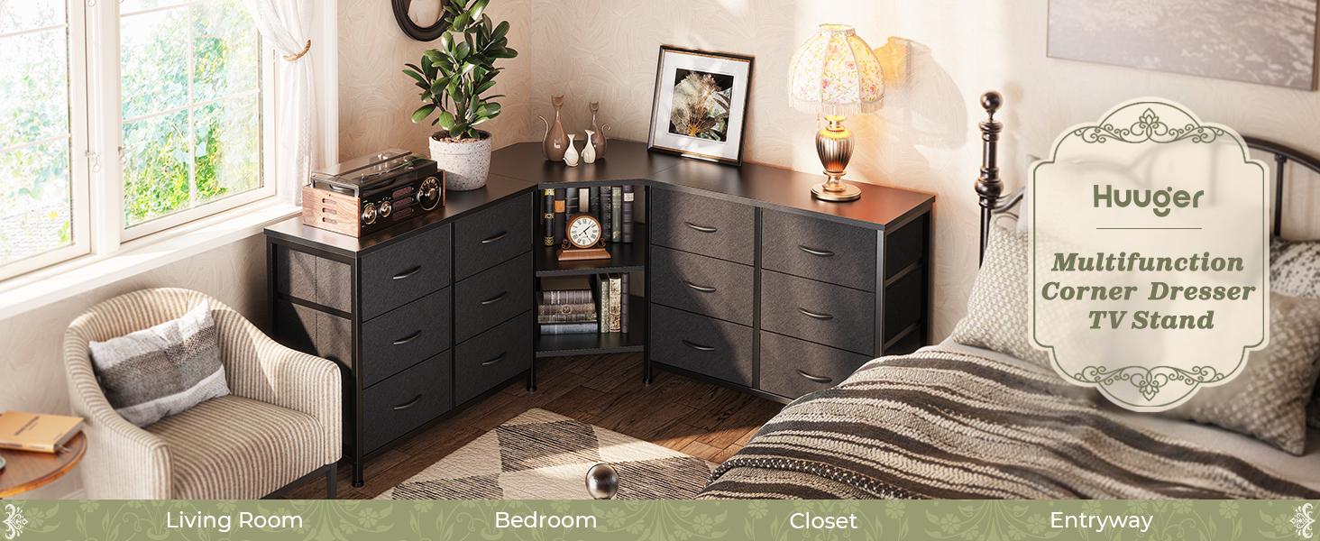 Huuger 48 Inch Black Dresser for Bedroom, Corner TV Stand for 43, 55 inch TV, L Huuger 48 Inch Black Dresser for Bedroom, Corner TV Stand for 43, 55 inch TV, L