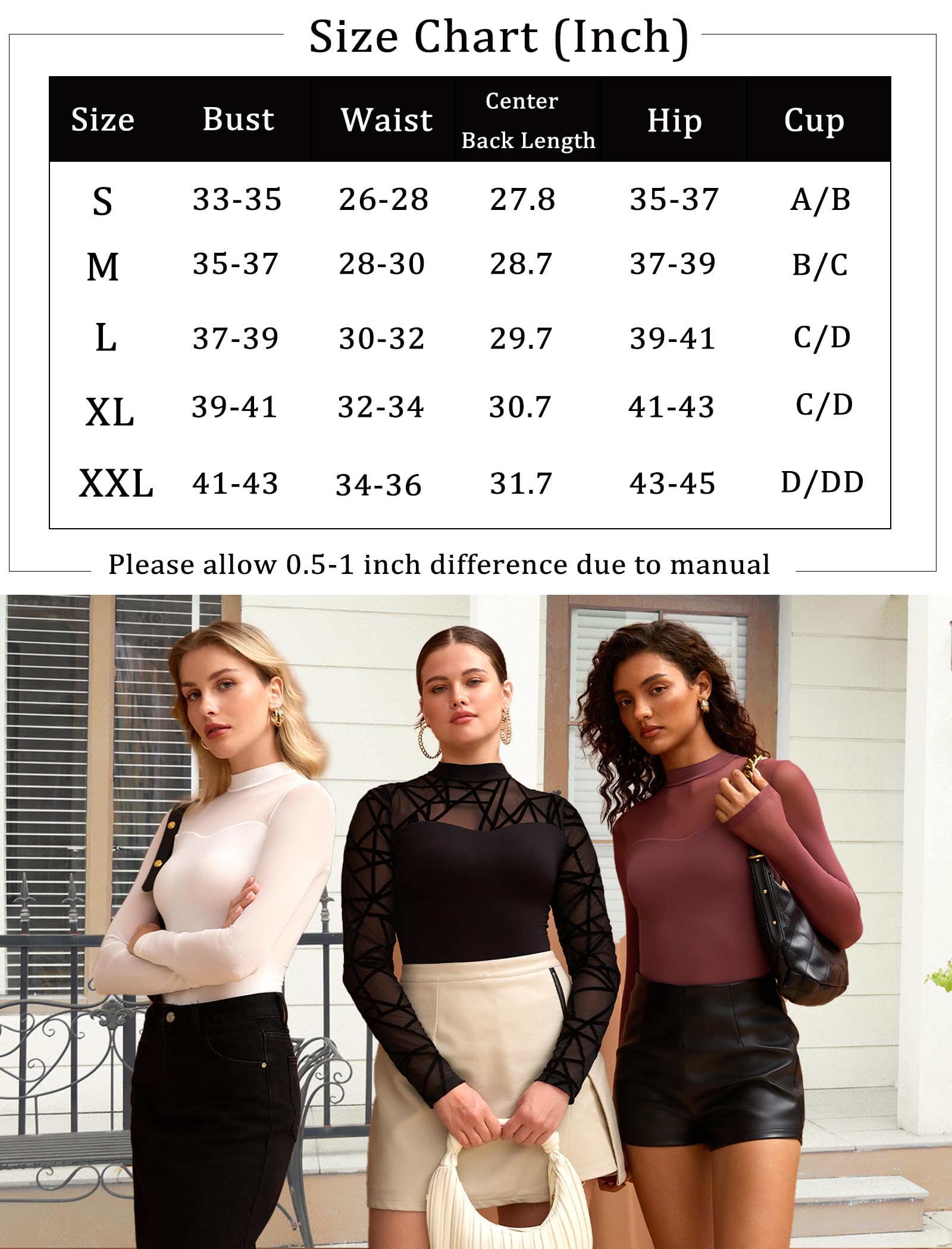 Women's Double Lined Slimming Bodysuit - Mock Neck, Sheer Mesh Long Sleeve Top for a Flattering Look