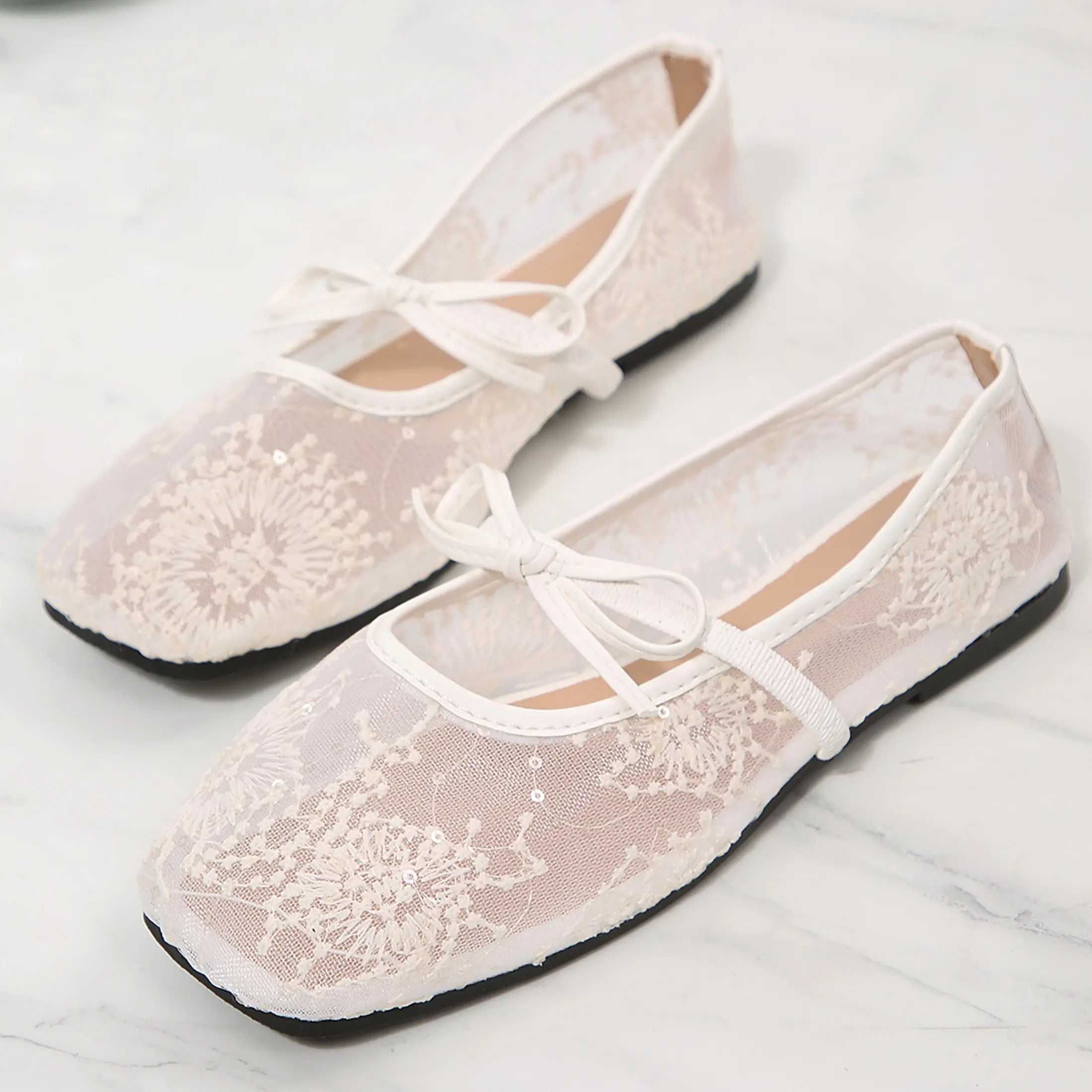 Women's Summer Floral Lace Mesh Flats, Breathable Bow Strap Ballet Shoes for Ladies