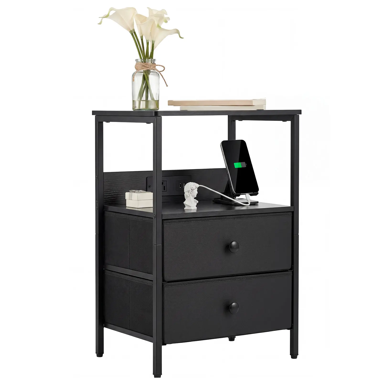 【IdealHouse】Single Unit Rectangular Farmhouse Nightstand with Farmhouse Look, 23.6 in Wide, Charging Station and 2 Drawers, Rustic Wood Indoor Bedside Storage Table