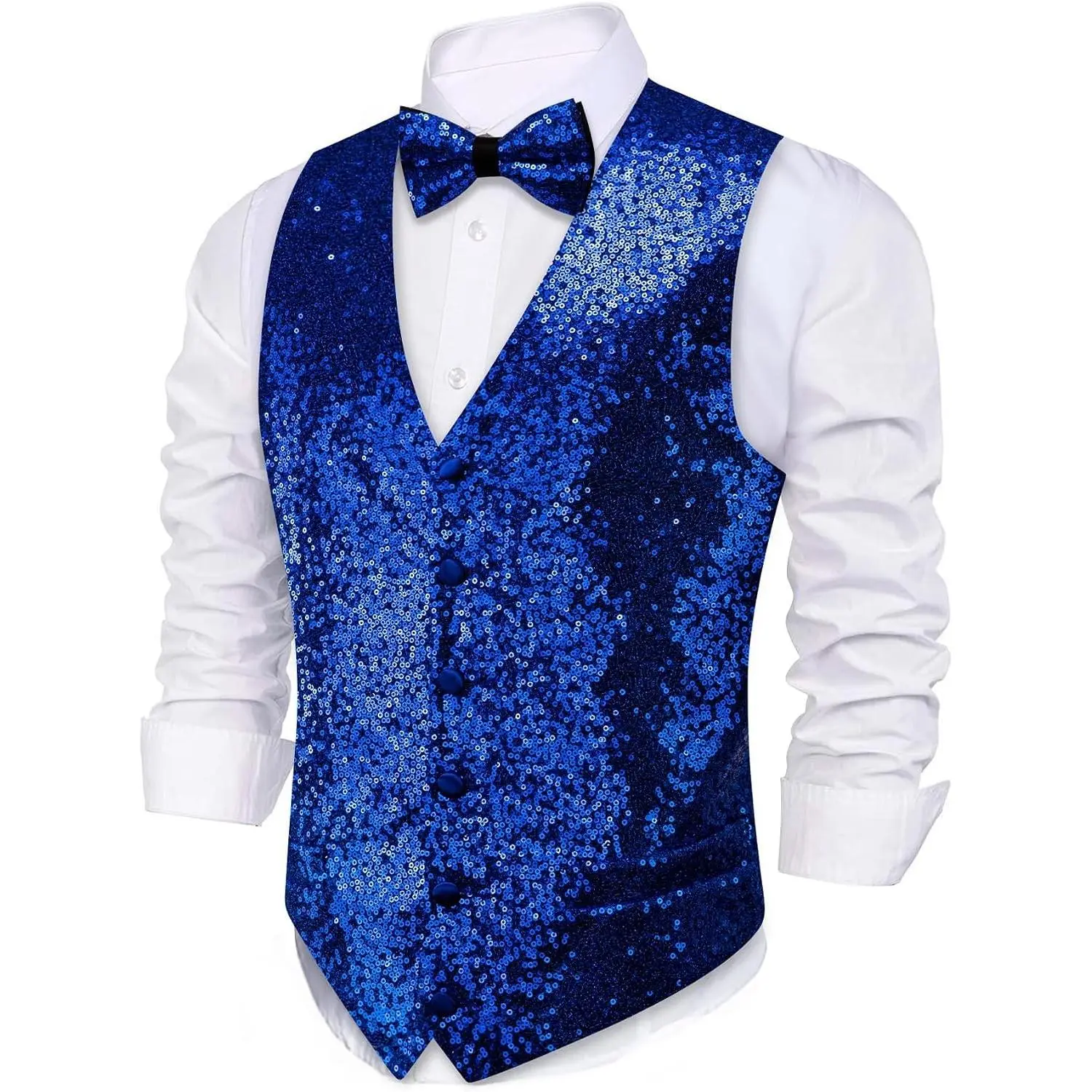 Men's Sequin V-Neck Shiny Waistcoat Vest with Bow Tie Set for Formal Prom Party Tuxedo(Gift)