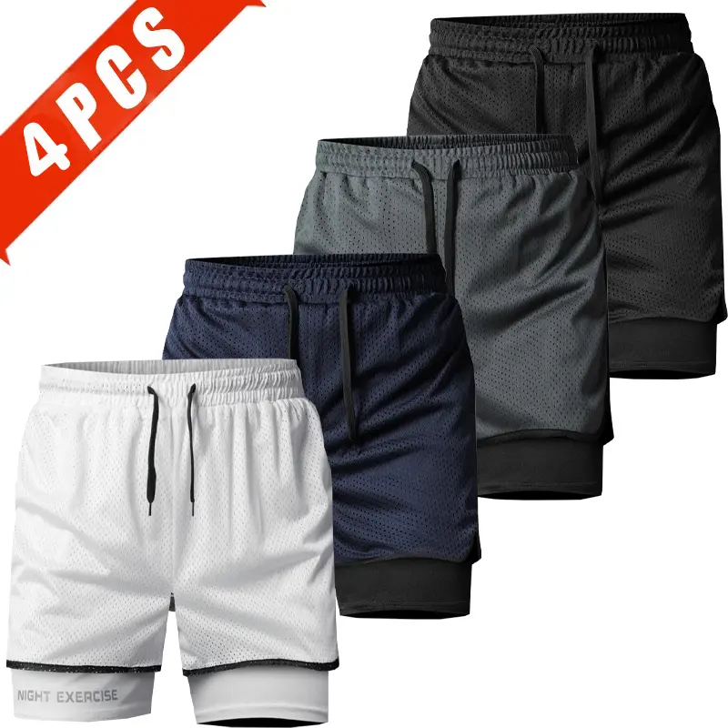 4 Pack Men's 2 in 1 Mesh Athletic Shorts Quick Dry Breathable Drawstring Gym Workout Running Basketball Training Shorts