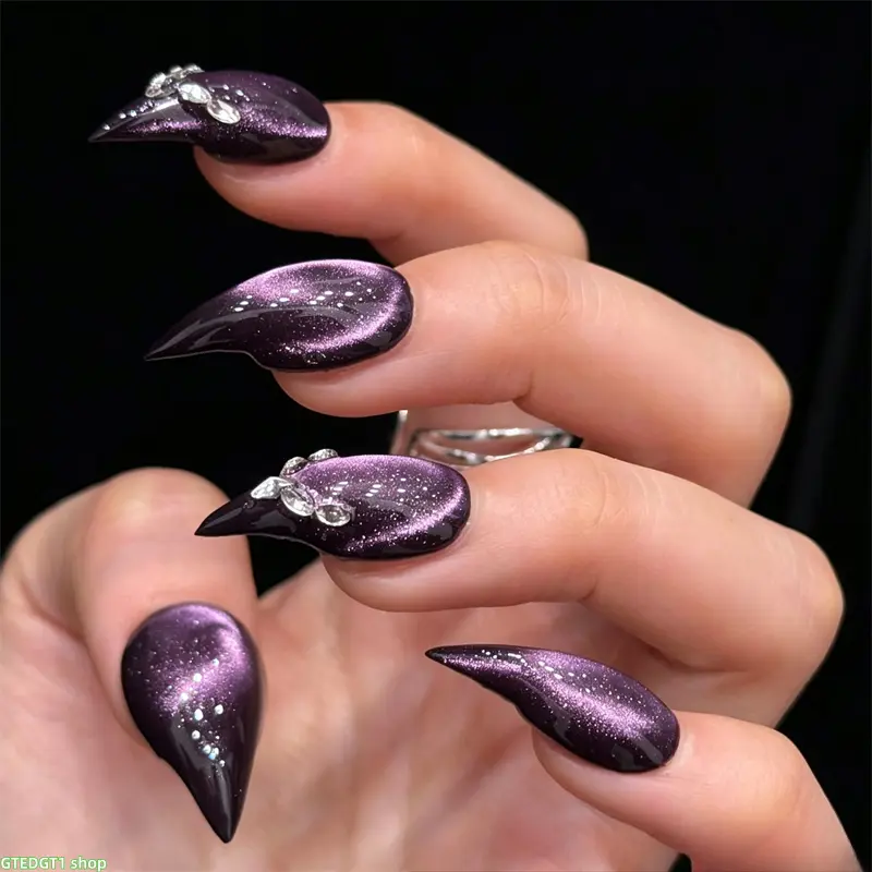 Hand-assembled press-on nails featuring 3D cat-eye style embellishments (cat paw, dragon claw, and beast claw designs) — Collection Set