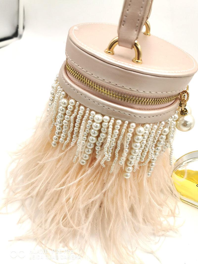 2026 Fashionable Light Luxury Pearl Tassel Feather Bag Round Barrel Single Shoulder Handbag Crossbody Bag