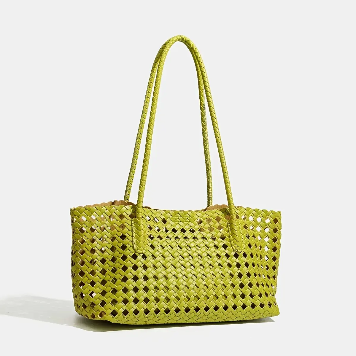 Woven Tote Bag, Spacious Korean Striped Hollow Out Shoulder Bag with Zipper for Beach, Travel, and Shopping, Double Handle Women's Tote Bags