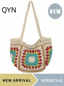 QYN Boho Handmade Crochet Shoulder Bag for Women, Vintage Granny Square Colorful Patchwork Tote Bag, Lined Interior with Magnetic Snap Closure, Spacious for Daily Essentials, Perfect for Beach Vacation Shopping Travel, Lightweight Breathable Summer Bag,