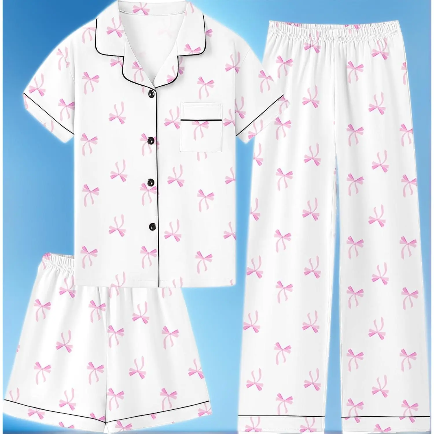 3Pcs Girls Stretch Cotton Pjs Set, Button Down Kids Sleepwear Loungewear, Children Pajamas for 5-14 Years