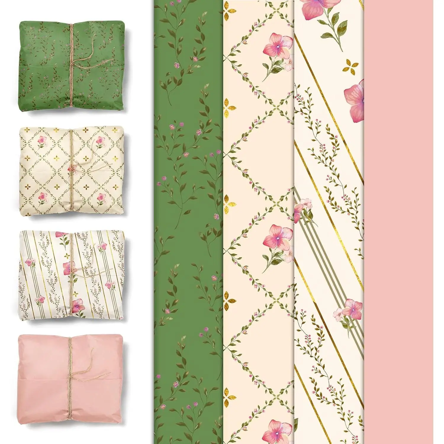24 Sheets Floral Tissue Paper, Sage Green and  Small Tissue Wrapping Paper for  Bags, Birthday, Wedding, Flower Bouquet, Bridal Shower, Christmas  Tissue Paper 15x20Inch