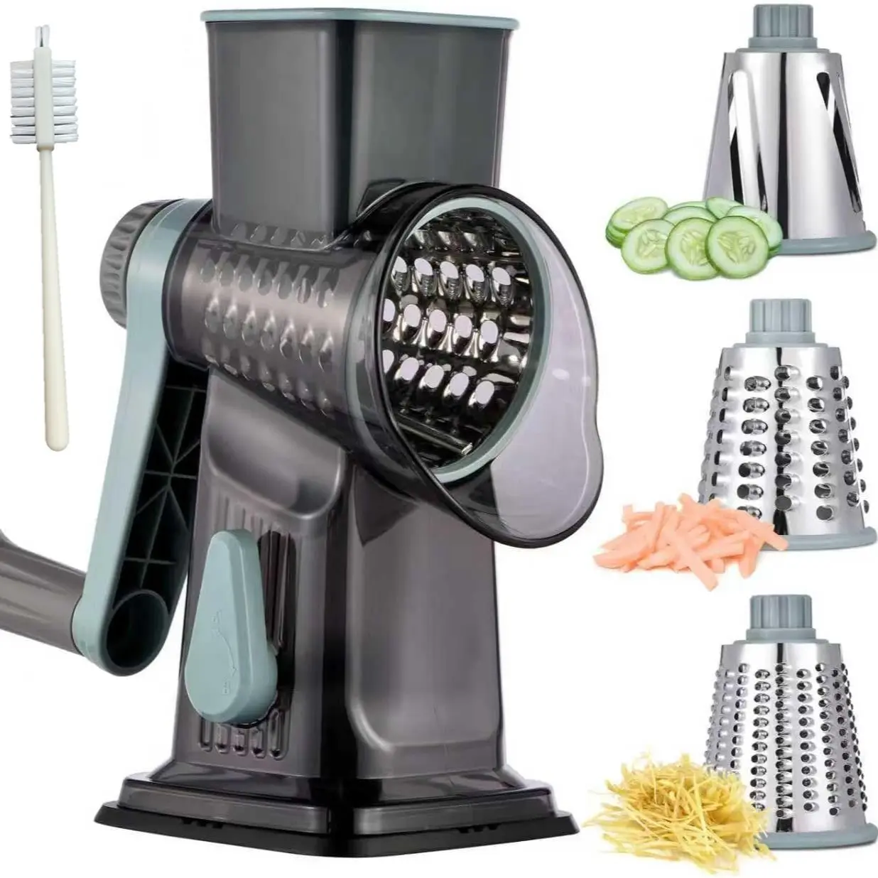 Rotary Cheese Grater, Vegetable Fruit Grater, Manual Vegetable Slicer, Veggie Cutter, Durable Vegetable Slicer, Multi-Functional Kitchen Tool, Easy Cleaning, Includes 3 Interchangeable Blades