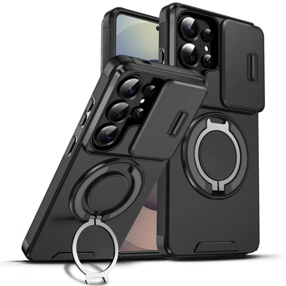 Smartphone Shell Accessories, Metal Phone Case with Sliding Camera Cover, 360° Rotating Ring Stand, Magnetic Compatibility & Shockproof Protection, Hard, Magnetic Mount, Versatile Functionality For Daily Life & Travel, Heavy Duty Protection