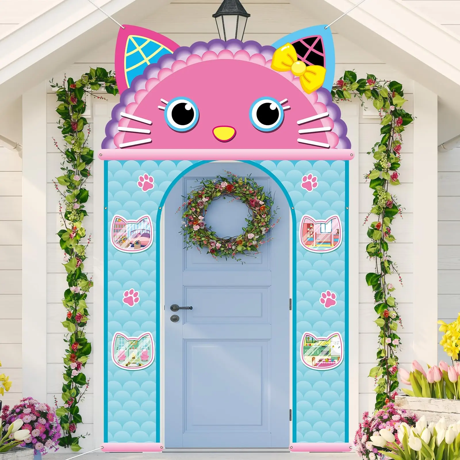 3-Piece Cat House Theme Party Door Decorations Includes Cartoon Doll Banner and Hanging Sign, Cute Cat Birthday Party Decor and Shower Photo Props