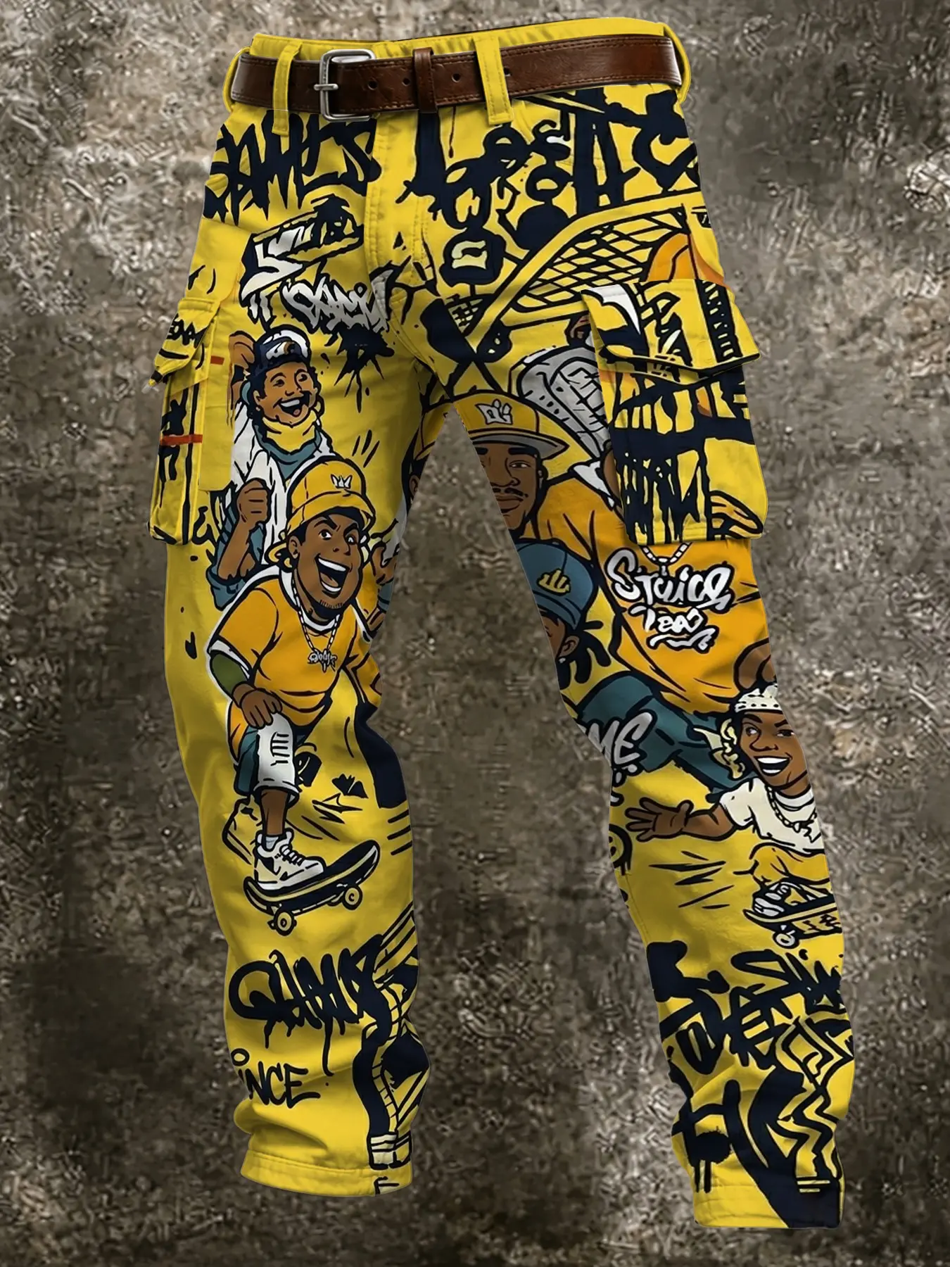 Men's Hip-Hop Graffiti Skateboarder Cargo Pants, Multi-Pocket Straight Leg Casual Long Pants, American Street Fashion Style