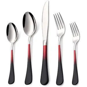 20 Piece Black Red and Silver 18/0 Flatware Utensil Set for 4, Include Dinner Knife,Dinner Forks,Dinner Spoons,Salad Forks,Teaspoons,Silverware Set for 4, Dishwasher Safe