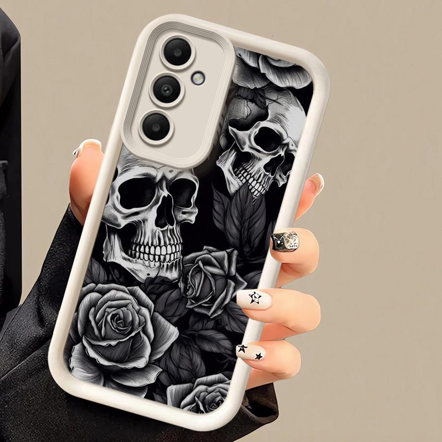 Phone Case for Samsung Galaxy A16 A55 A25 A35 A15 A54 A34 A14 A24 A53 A33 A23 A13 A52 A32 A22 A12 A51 A71 A72 A73 Cover Protective High-Quality Soft Shockproof Funda Gray Skull Rose