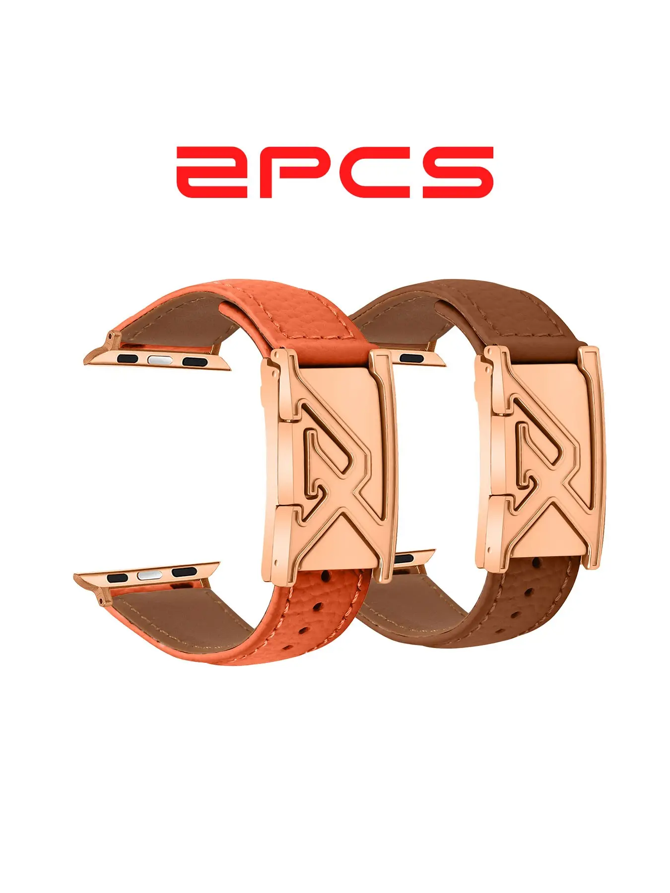 2pcs Fashionable Leather Watch Strap, Letter Pattern Strap, Litchi-Texture, Golden & Silver Color Letter-Engraved Clasp, All Seasons Accessory, Watch Bracelet