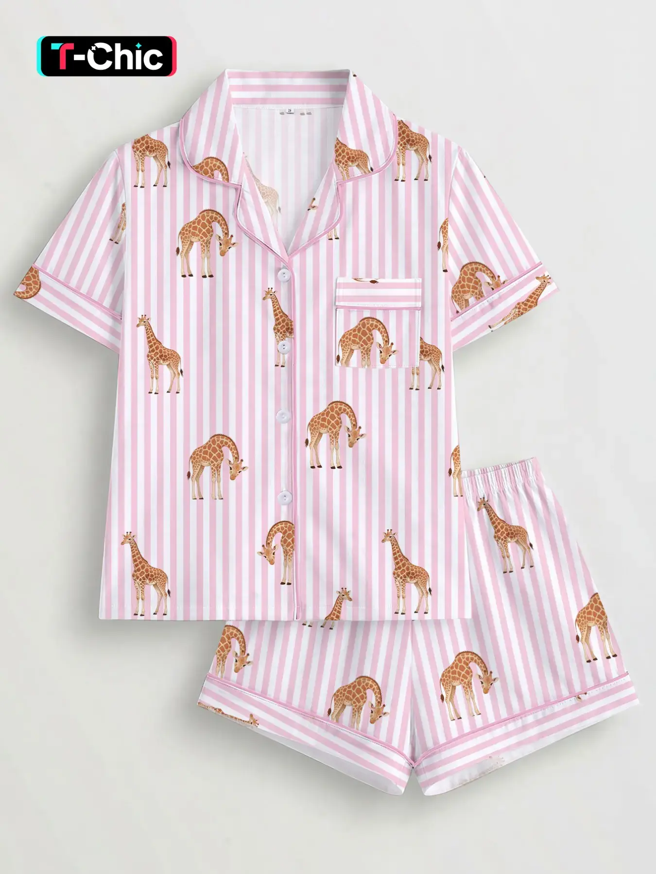 Women's Giraffe Print Pajama Set, Button Front Short Sleeve Top, Elastic Waist Shorts, Lightweight Breathable Summer Sleepwear, Loungewear Sleepwear, Home Wear Loungewear