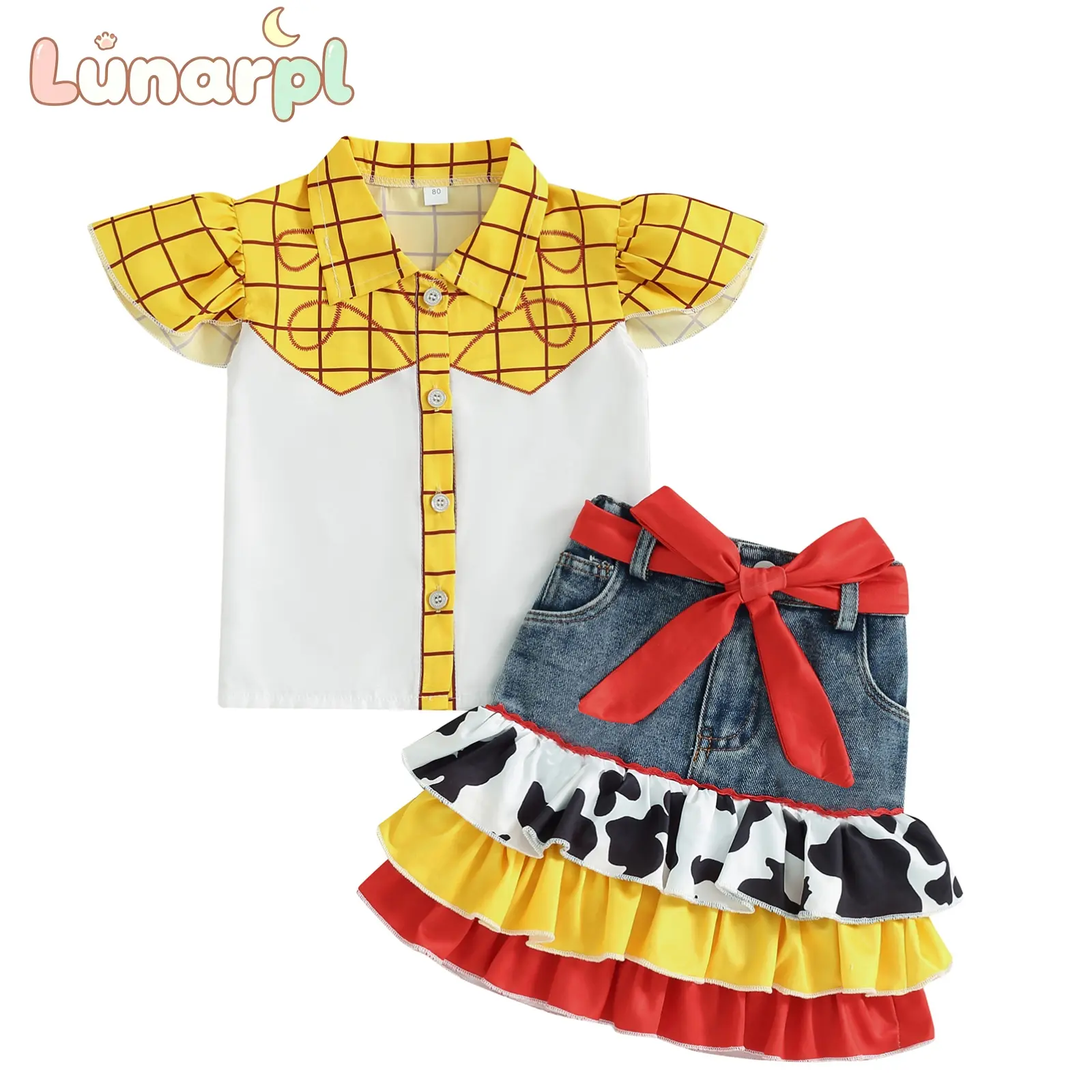 Toddler Baby Girl Cowgirl 2 Piece Outfit Flutter Sleeve Button Down Shirt with Tiered Ruffle Skirt Bow Belt Kids Summer Outfit