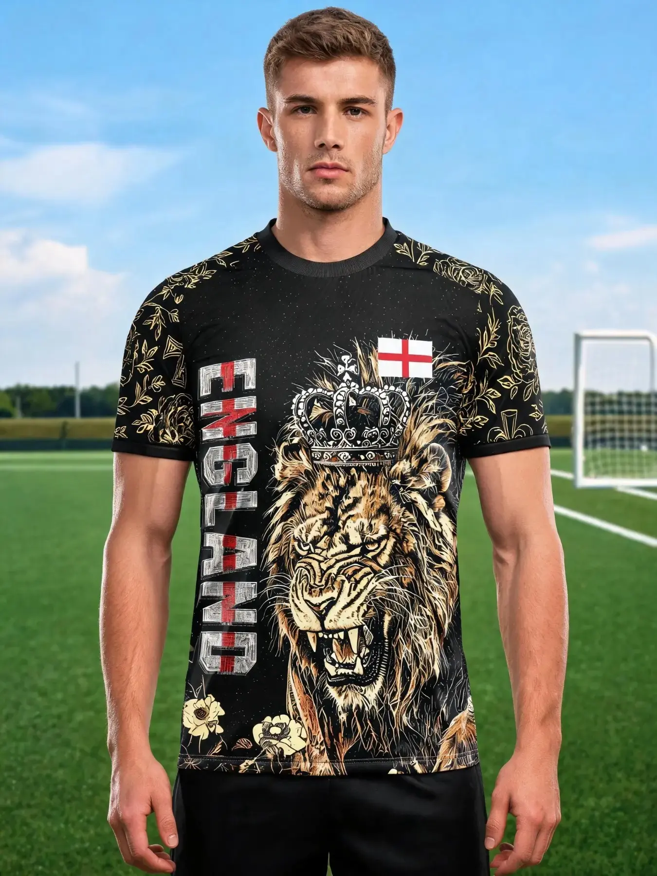 Men's Athletic Jersey, Sport Jersey, England Football Shirt, Gold Lion Print, Breathable T-Shirt, Short Sleeve, All Seasons, Casual Wear