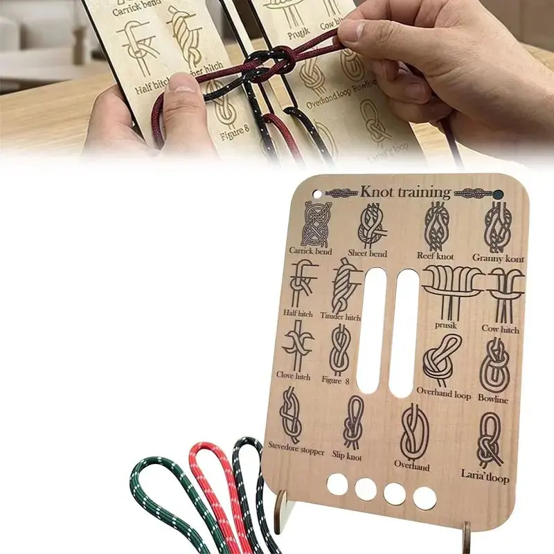 Knot Training Board Set, Includes 2 Paracord Ropes, 16 Essential Knots, Wooden Trainer, Ideal for Camping, Rock Climbing, Survival Skills