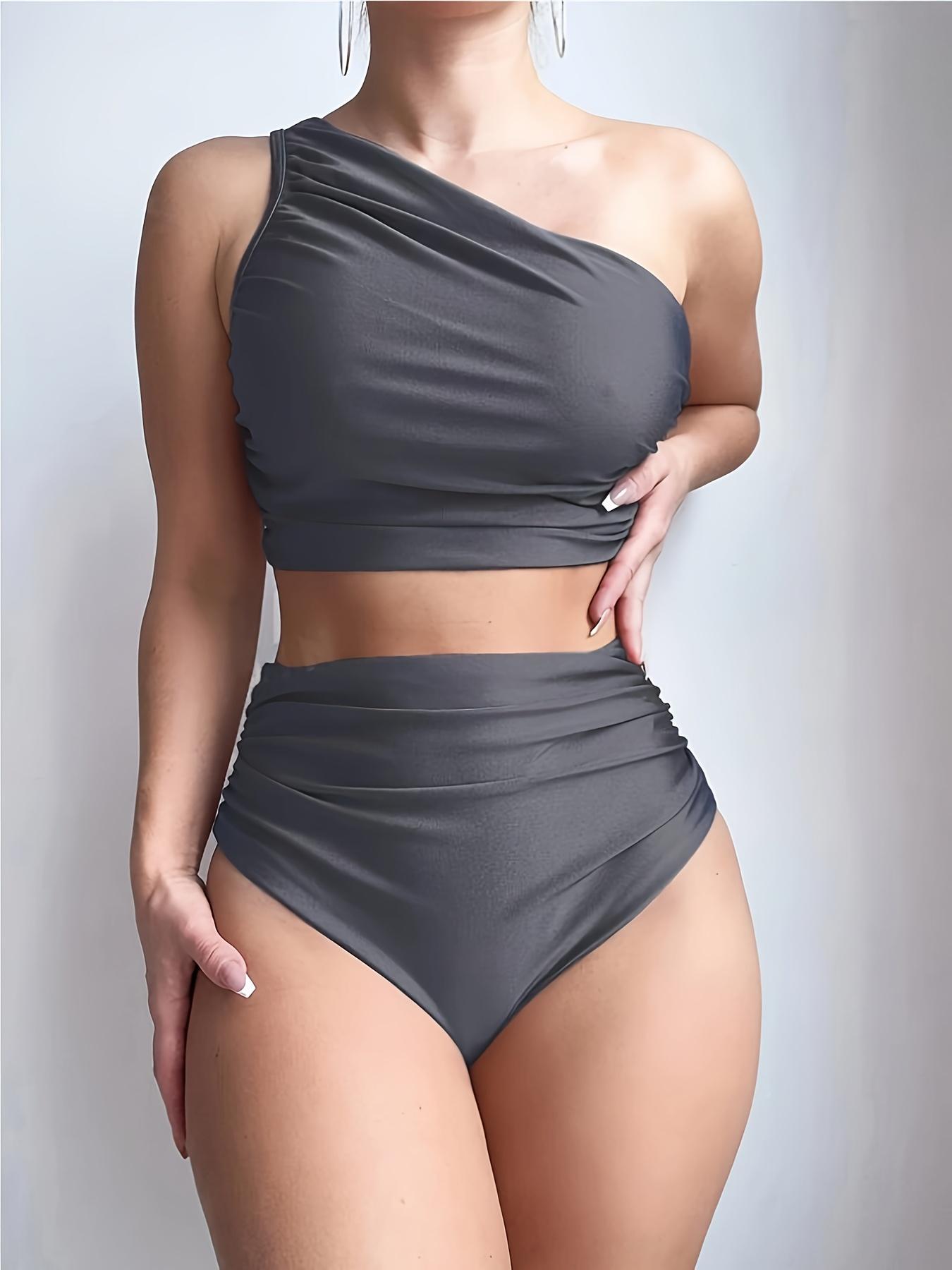Ladies' pure-colored asymmetric-neck sleeveless pleated slim-fitting split swimsuit, Solid Ruched Swim Suits, with a shiny fabric that shines like stars, 2026 new, suitable for vacation, hot spring tourism, and gatherings, high-waisted