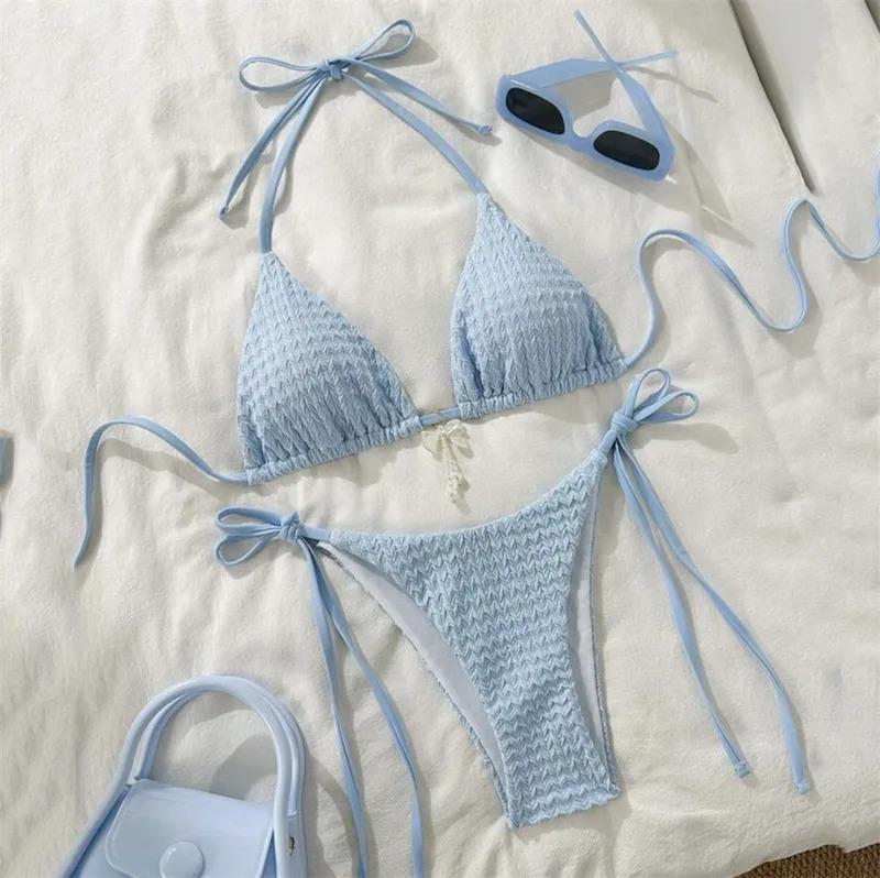 Yellow Halter String Triangle Micro Bikini Thong Solid Swimwears Bow Pearl Sexy Swimsuit Women Bathing Suit Bikinis Sets 2026