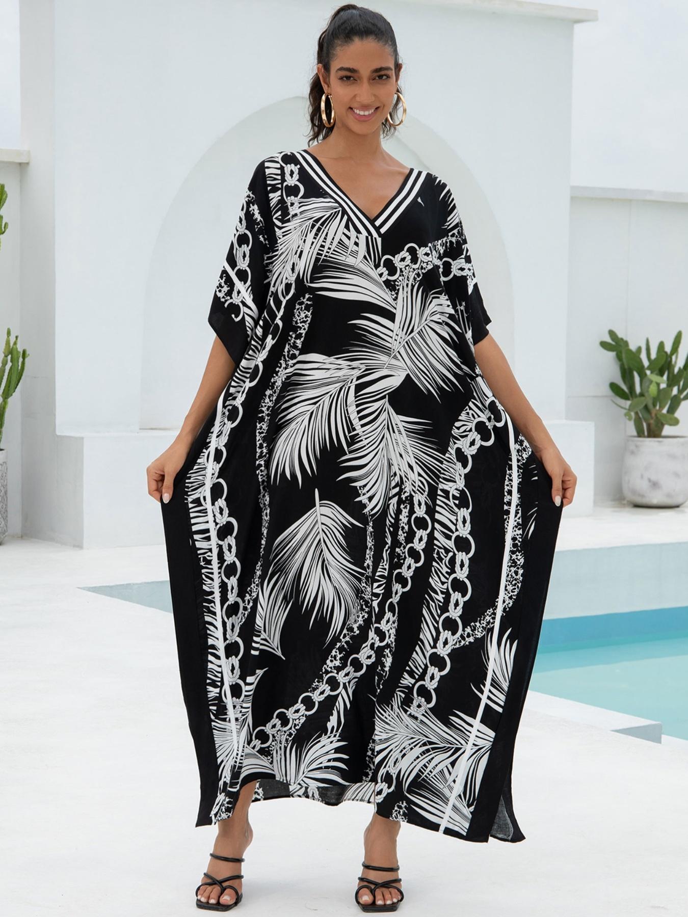 EDOLYNSA Striped Women's Casual Kaftan Long Dress Oversized Chic Bohemian House Robe Beachwear Vacation Bathing Suit Cover Up Lounge Wear