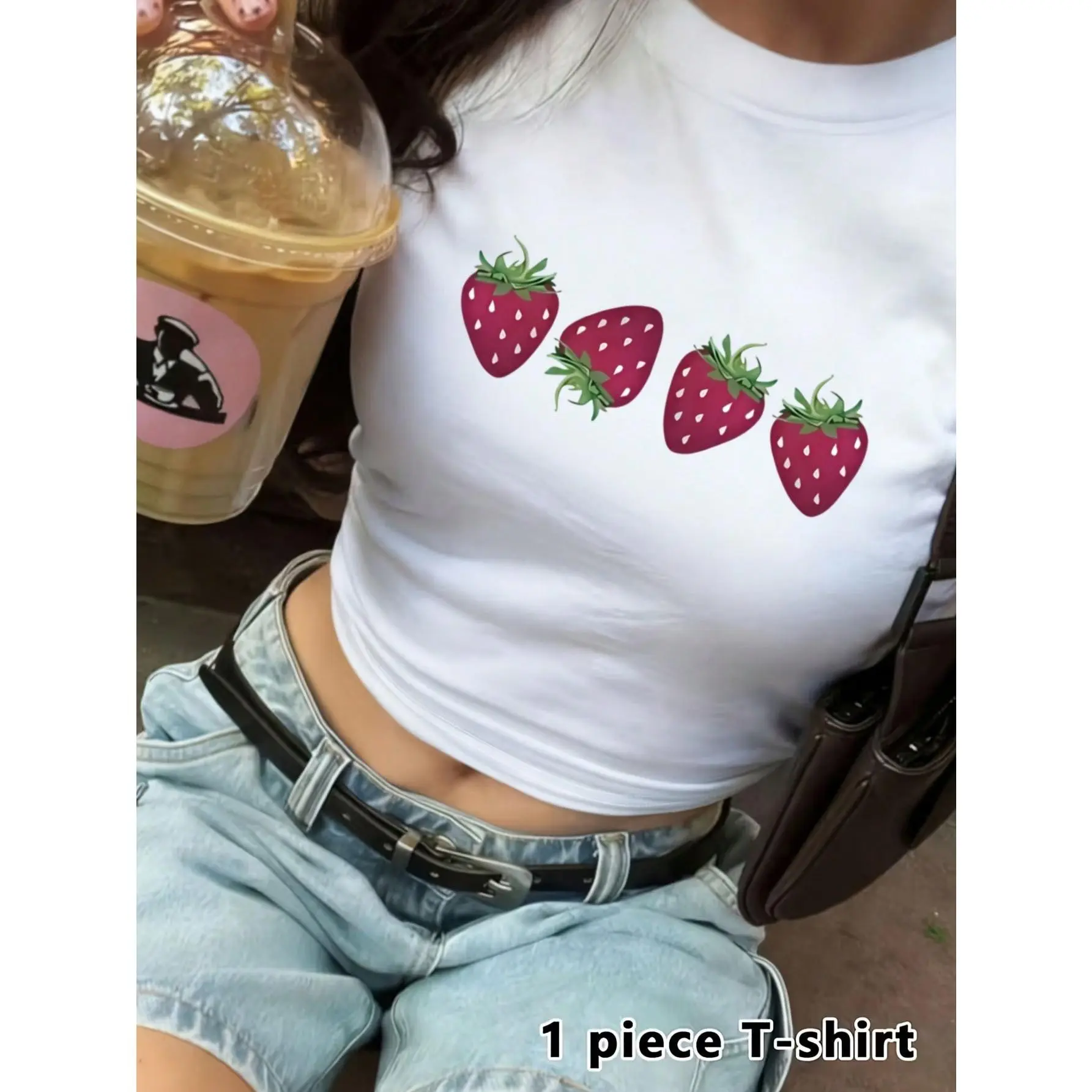 Women's Strawberry Print T-Shirt, Crop Top Short Sleeve Tee For Daily Outings, Dates, Afternoon Tea, Casual Wear, Fresh Youthful Style, Age-Reducing T Slim Shape Men's Moisture Wicking baggy compression Monaco Club Flag Hoodie bass pro gaiter