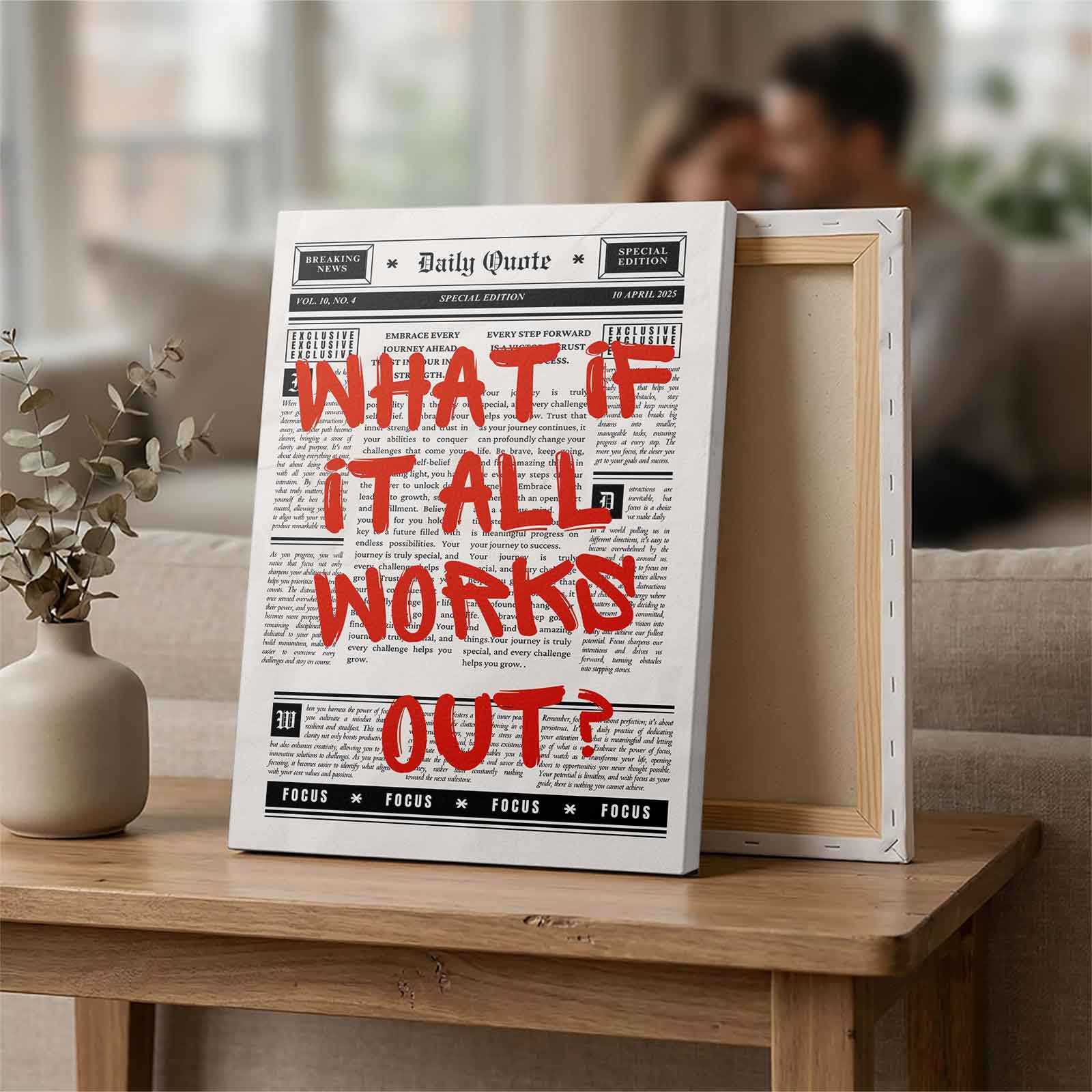 Red What If It All Works Out? Daily Quote Newspaper Canvas Wall Art, Inspirational Motivational Print, Aesthetic Office Decor, Trendy Living Room Poster, Unique Positive Energy Wall Art Gift